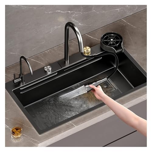 Tragbare Spüle, Wasserfall-Küchenspüle, Einzelbecken, Barspüle, Wohnmobilspüle aus Edelstahl 304 mit Wasserhahn und Unterlegscheibe, Ober- oder Unterbaumontage(75x45x21cm) von HEYDGBBZ