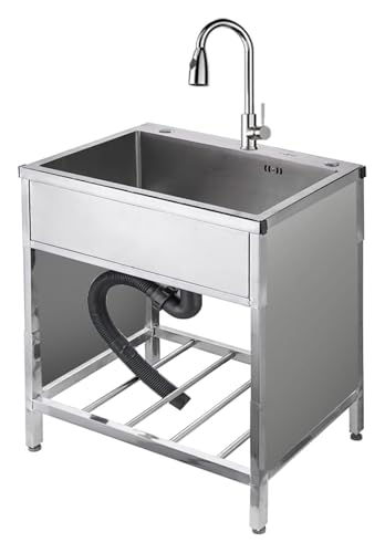 Tragbare Spüle, freistehende Küchenspüle, Wäschespüle, Einzelbecken aus Edelstahl mit Kalt- und Warmwasserhahn Abtropffläche(Pull Faucet,60x45x75cm) von HEYDGBBZ