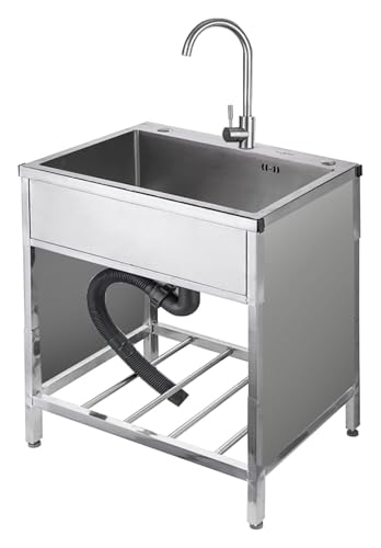 Tragbare Spüle, freistehende Küchenspüle, Wäschespüle, Einzelbecken aus Edelstahl mit Kalt- und Warmwasserhahn Abtropffläche(Round Faucet,50x40x75cm) von HEYDGBBZ