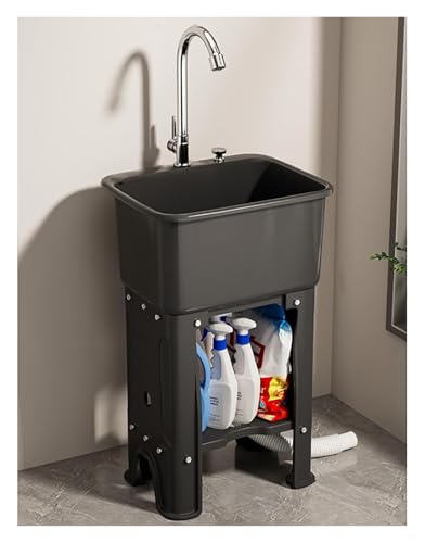 Tragbare Spüle, freistehende aus Kunststoff, gewerbliche Waschküche, Mehrzweckspüle mit Wasserhahn und Ablageflächen, Küchenspüle for die Garage, Restaurantküche(Black,40x40x76.5cm) von HEYDGBBZ