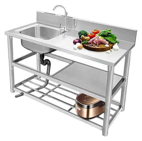 Tragbare Spüle, freistehendes Edelstahl-Einzelbecken-Restaurant-Küchenspülen-Set, Handwaschbecken mit Werkbank und doppelten Lagerregalen für(Left Sink,90x50x80cm) von HEYDGBBZ
