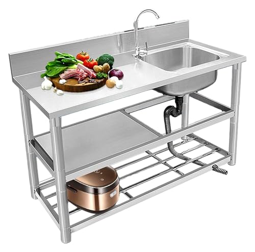 Tragbare Spüle, freistehendes Edelstahl-Einzelbecken-Restaurant-Küchenspülen-Set, Handwaschbecken mit Werkbank und doppelten Lagerregalen für(Right Sink,90x50x80cm) von HEYDGBBZ