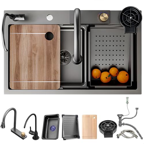 Tragbare Spüle, große Küchenspüle mit Kaskaden-Ausziehhahn, Trinkhahn, Spülschüssel und Abfluss-Kits, Einzelbecken-Spüle aus Edelstahl(Black Grey a,70x50cm) von HEYDGBBZ
