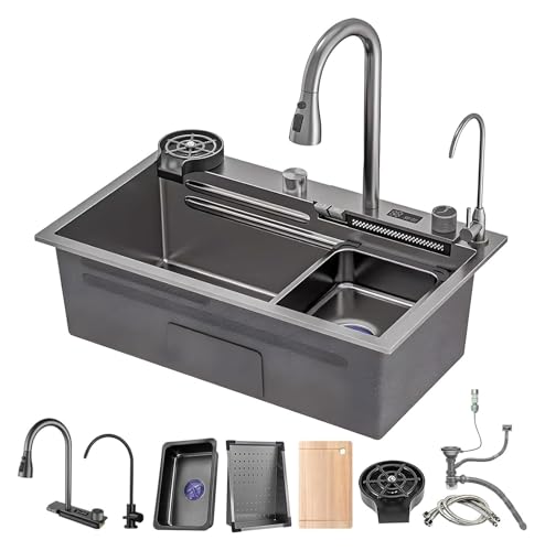 Tragbare Spüle, große Küchenspüle mit Kaskaden-Ausziehhahn, Trinkhahn, Spülschüssel und Abfluss-Kits, Einzelbecken-Spüle aus Edelstahl(Black Grey b,80x45cm) von HEYDGBBZ