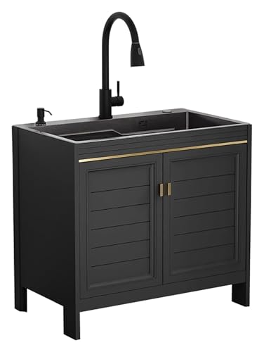 Tragbare Spüle, schwarze Küchenspüle und Schrankkombination, Mehrzweckspüle, Wäschespüle, freistehende Edelstahlspüle mit Warm- Kaltwasserhahn(Pull Faucet,75x45x80cm) von HEYDGBBZ