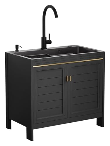 Tragbare Spüle, schwarze Küchenspüle und Schrankkombination, Mehrzweckspüle, Wäschespüle, freistehende Edelstahlspüle mit Warm- Kaltwasserhahn(Round Head Faucet,75x45x80cm) von HEYDGBBZ