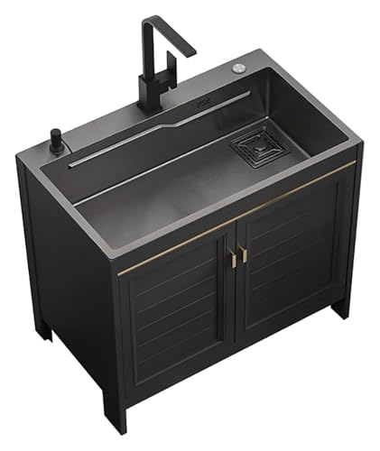 Tragbare Spüle, schwarze Küchenspüle und Schrankkombination, Mehrzweckspüle, Wäschespüle, freistehende Edelstahlspüle mit Warm- Kaltwasserhahn(Square Head Faucet,68x45x80cm) von HEYDGBBZ