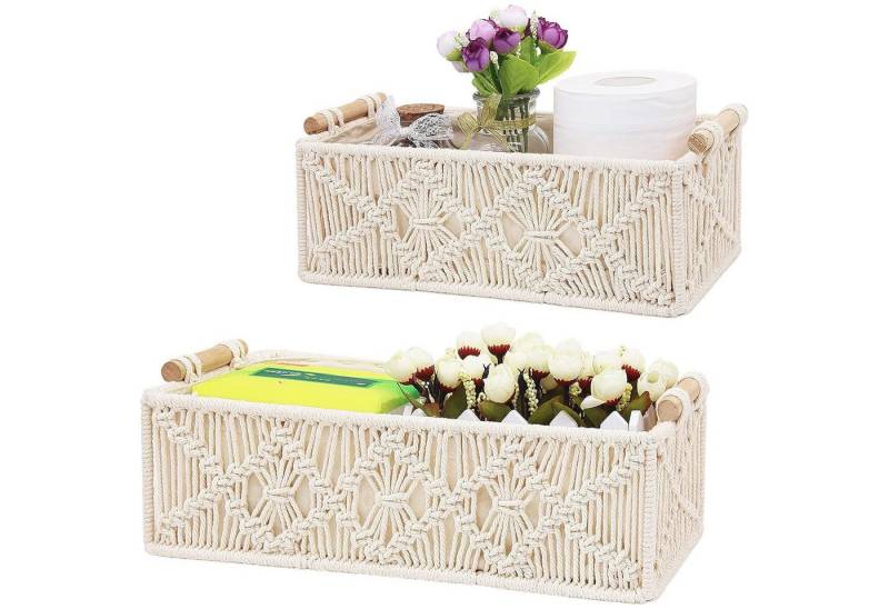 HEYHIPPO Aufbewahrungsbox 2er-Set Aufbewahrungskörbe Boho, handgeflochten mit Griffen, weiß (Handgewebter Aufbewahrungskorb aus Baumwollseil,platzsparend&praktisch), Großer Baumwollseil-Korb, ideal für Schreibtisch und Aufbewahrung von HEYHIPPO