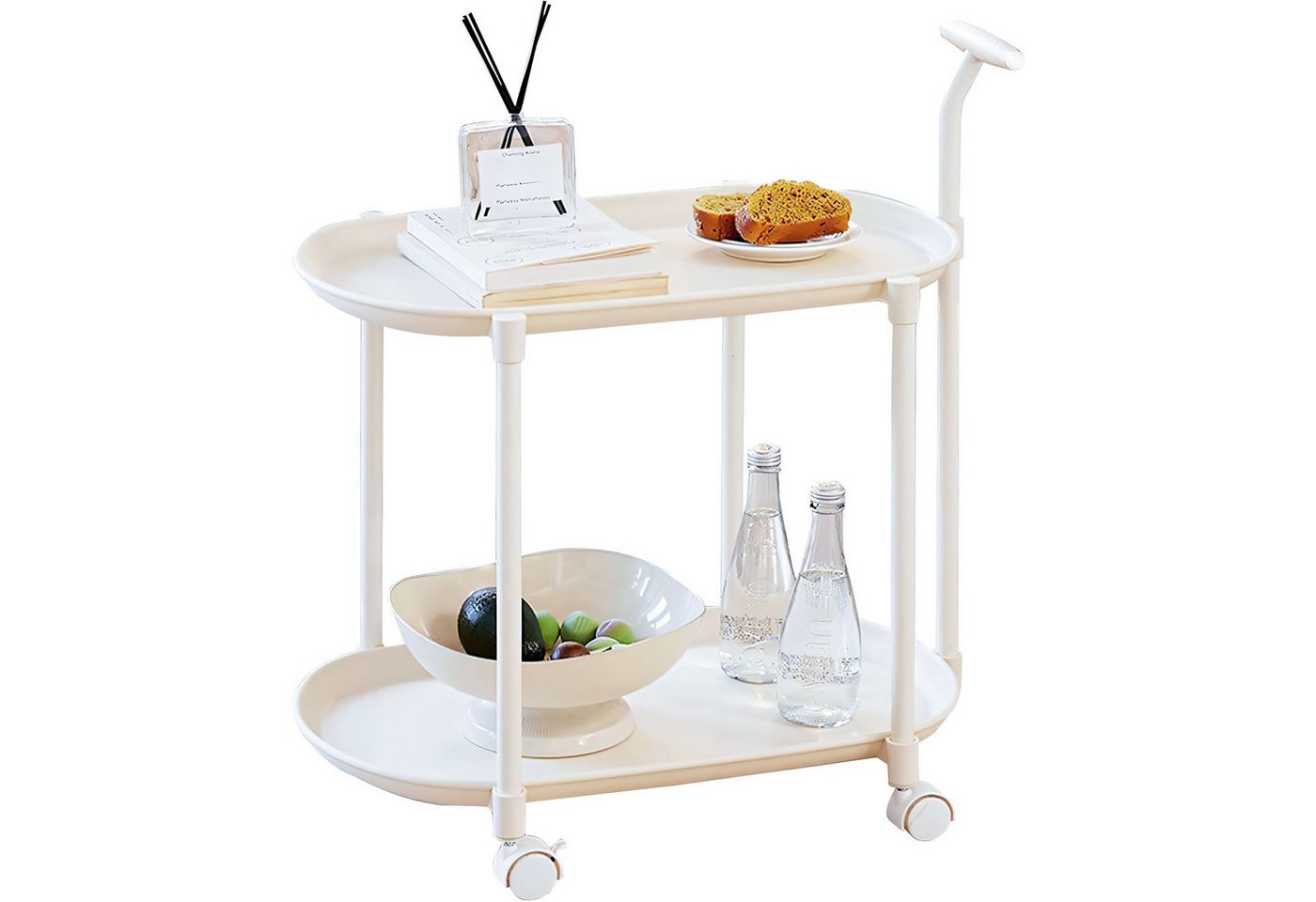 HEYHIPPO Beistelltisch Beistelltisch mit Rollen, 2 Ebenen, Weiß, mobiler Sofatisch Kunststoff (Mobiler Beistelltisch mit Griff, ideal für kleine Räume, Sofa & Büro), Wohnzimmer-Couchtisch, platzsparend 0,13 Quadratmeter, 60×66×41 cm von HEYHIPPO