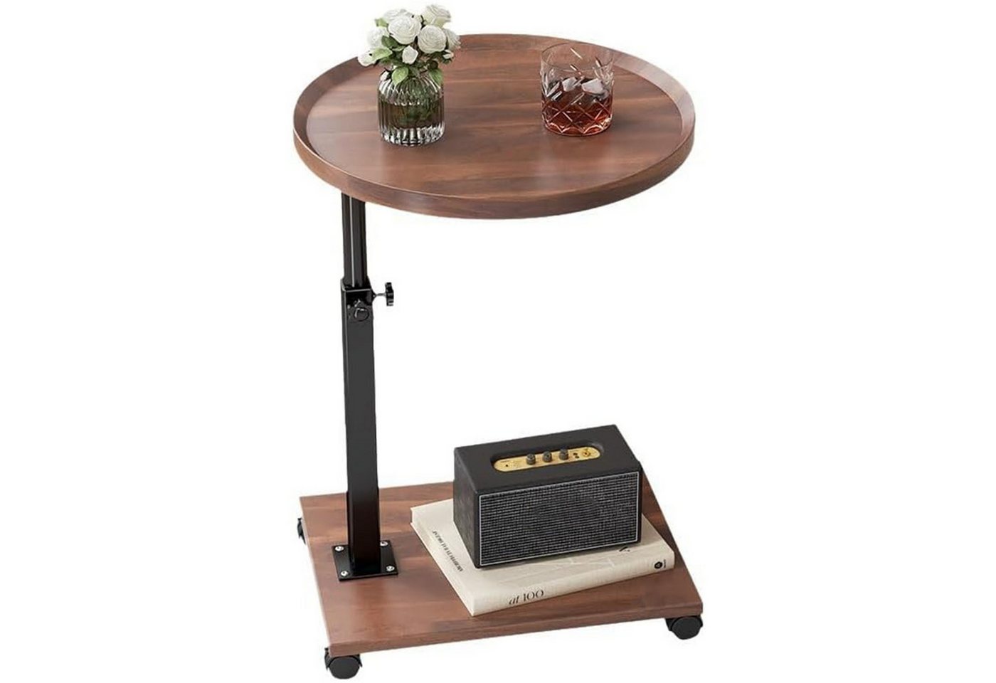 HEYHIPPO Beistelltisch Beistelltisch rund C-Tisch höhenverstellbar 45–80 cm, 40×40cm,Walnuss (Einfache Montage,wasserdicht,kompakt für Sofa,Nachttisch &kleine Räume), Runder Couchtisch auf Rollen,2 Ablagen,360° drehbar,mobiler Nachttisch von HEYHIPPO