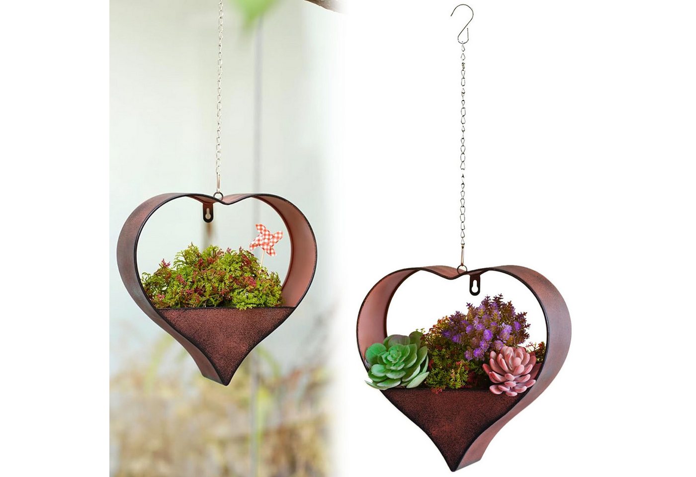 HEYHIPPO Blumentopf Metall Herz Hänge-Blumentopf Braun 26,4x9x26,9 cm Gartendeko Rost (Wetterfeste Hängeampel aus Eisen für Garten, Balkon und Außendeko), Herzförmiger Wandblumentopf aus Eisen, wasserdicht mit Drainagelöchern von HEYHIPPO