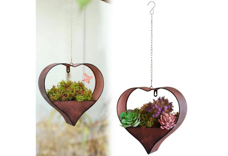HEYHIPPO Blumentopf Metall Herz Hänge-Blumentopf Braun 26,4x9x26,9 cm Gartendeko Rost (Wetterfeste Hängeampel aus Eisen für Garten, Balkon und Außendeko), Herzförmiger Wandblumentopf aus Eisen, wasserdicht mit Drainagelöchern von HEYHIPPO