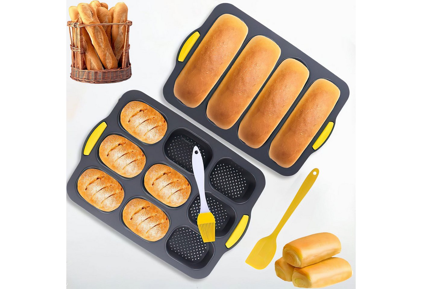 HEYHIPPO Brotbackform Backform Set für Baguette & Brot, 2 Silikonformen, Spülmaschinenfest, (2-tlg), Antihaft-Silikon,hitzebeständig,leicht zu reinigen,rutschfestem Griff von HEYHIPPO