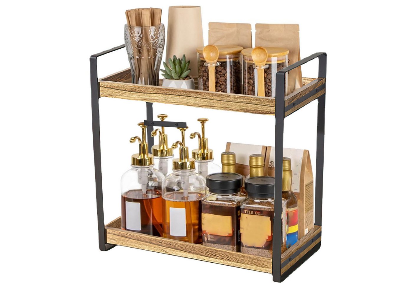 HEYHIPPO Flaschenregal Lagerregal Gewürzregal Kosmetikregal Doppelschichtiges Holztablett, küchenregal stehend für arbeitsplatte kaffeeregal gewürzregal holz, Metallrahmen, Organizer für die Arbeitsplatte, L35 x H35 x B17 cm von HEYHIPPO