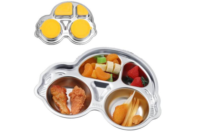 HEYHIPPO Kindergeschirr-Set Kinder-Esstablett mit Saugnapf,Autoform,rutschfester Edelstahl, 700 ml, 1 Personen, Babybesteck, 29,5 x 21,5 x 4,5 cm, bruchsicher und leicht zu reinigen von HEYHIPPO