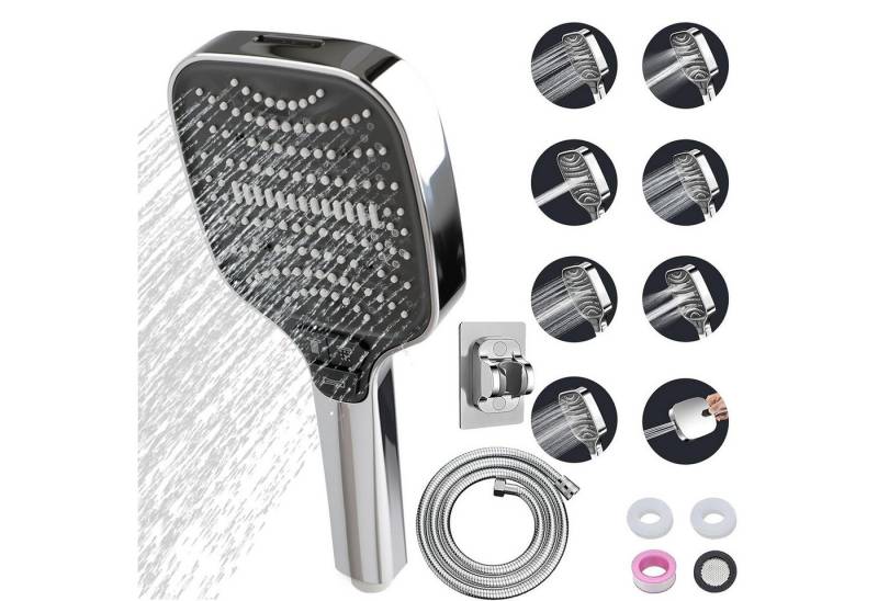 HEYHIPPO Regenduschkopf Silber Duschkopf Set mit 1,5m Schlauch und Halter, 8 Strahlarten, (Anti-Kalk, mehrere Wassermodi, wandmontierter Duschkopf), Handbrause fürs Bad mit Druckfunktion, Silber Chrom, 26,5x12 cm von HEYHIPPO