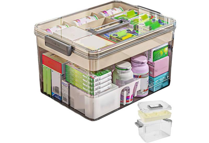 HEYHIPPO Stapelbox Handliche Medikamentenbox mit 2 Etagen, groß und praktisch für Zuhause (Aufbewahrungsbox aus verdicktem PET-Material, Größe 28 x 21 x 17 cm), Tragbare Aufbewahrungsbox für den Haushalt, transparent und sichtbar von HEYHIPPO