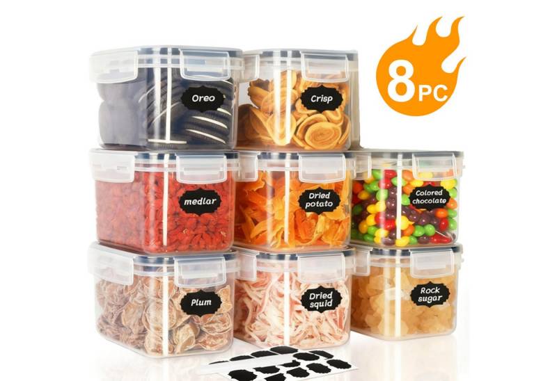 HEYHIPPO Vorratsdose Set aus 8 PET Frischhaltebehältern, 800ml mit Etiketten und Stift, (Feuchtigkeitsgeschützte Frischhaltebox, versiegeltes Getreideglas), Transparente Frischhaltedose, 15,5 x 10,5 x 9,5 cm, für Müsli und Mehl von HEYHIPPO