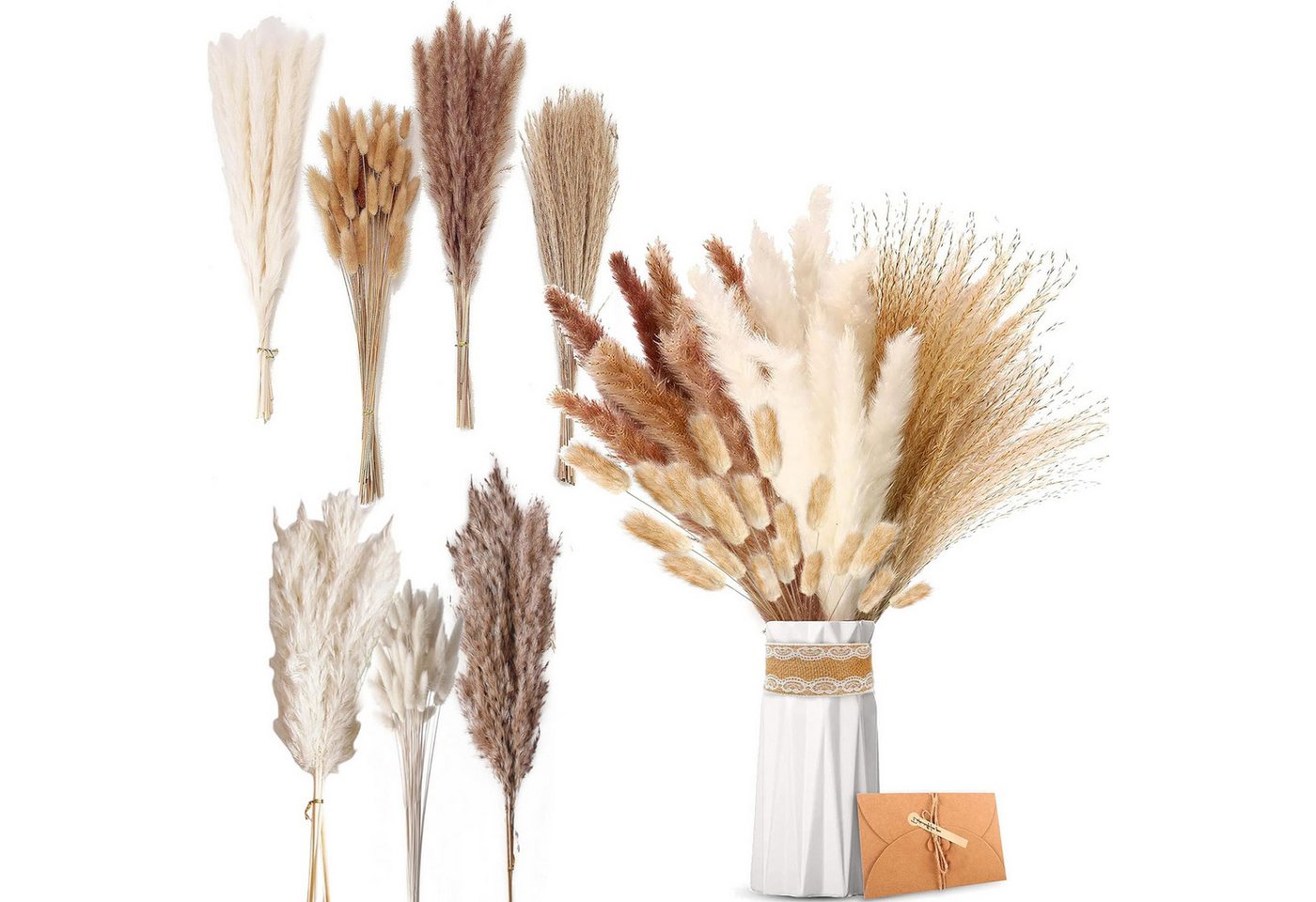 Kunstblumenstrauß 125 Stück Pampasgras Trockenblumen,Boho Tischdeko für Hochzeit&Zuhause 125 Stück Pampasgras Trockenblumen Bouquet, HEYHIPPO, Höhe 45 cm, Trockenblumen Set Pampasgras, Hasenschwanzgras für Hochzeit & Party von HEYHIPPO