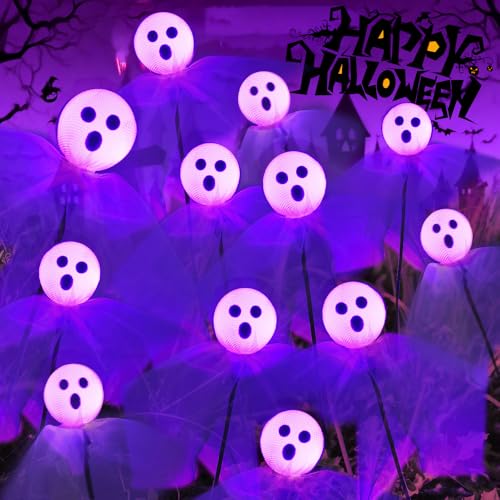 2 Stück Halloween Deko Outdoor Geister Licht Solar, 12 LED Halloween Deko Outdoor Beleuchtung Solarlampen, Solar Wasserdicht Geister Gartenstecker, für Außen Garten Rasen Party von HEYIDAMAI