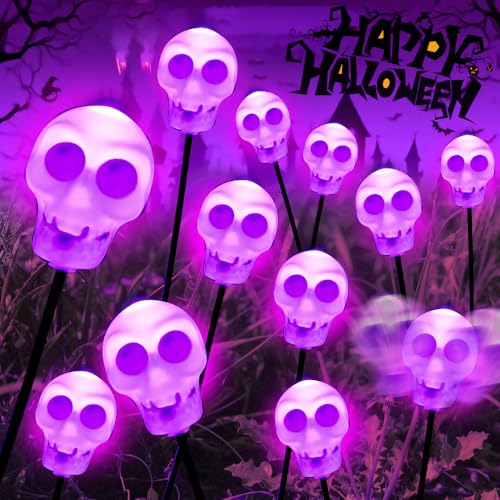 2 Stück Halloween Deko Outdoor Licht Solar, 12 LED Halloween Schädel Skelett Deko Lichter, Solar Wasserdicht Schädel Gartenstecker, für Außen Garten Rasen Party von HEYIDAMAI