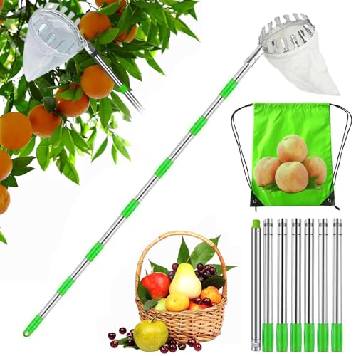 HEYIDAMAI Obstpflücker,Apfelpflücker,Pflückhilfe 3M,Obstgreifer Einfach zu Montieren,Kirschenpflücker mit Leichter Edelstahl Verlängerung Verbindungsstange und Baumwollbeutel Ø16 cm von HEYIDAMAI