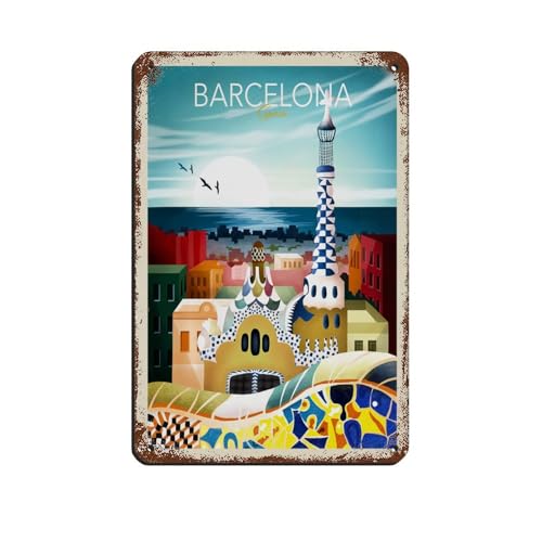 HEYKYY Vintage Retro Reiseposter Barcelona Blechschild Vintage Metall Pub Club Cafe Bar Home Wandkunst Dekoration Poster Retro-Stil 20 x 30 cm von HEYKYY