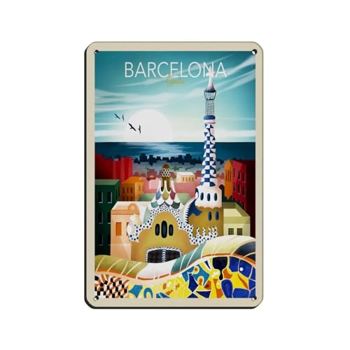 HEYKYY Vintage Retro Reiseposter Barcelona Retro Poster Metall Blechschild Chic Kunst Retro Eisen Malerei Bar Menschen Höhle Cafe Familie Garage Poster Wanddekoration Stil 20 x 30 cm von HEYKYY