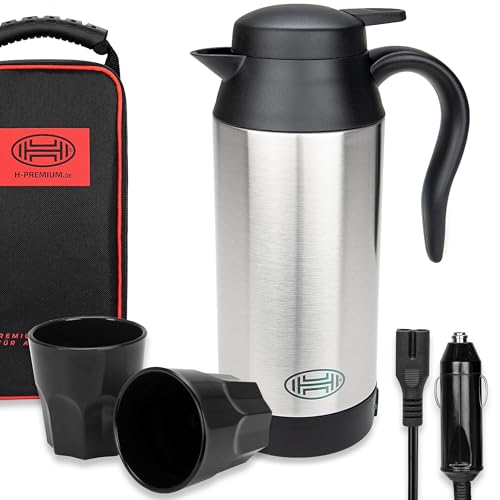 HEYNER® Wasserkocher Reisewasserkocher elektrisch Zigarettenanzünder + Tasche + 2 Becher 750 ml 12V, Silber von HEYNER