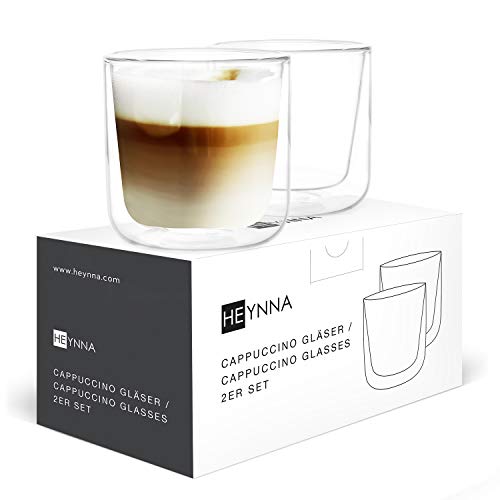 HEYNNA® Cappuccino Gläser dickwandig aus Borosilikatglas, spülmaschinenfest - Doppelwandige, doppelglas Kaffeegläser für heiße Getränke - 2 x 200 ml von HEYNNA