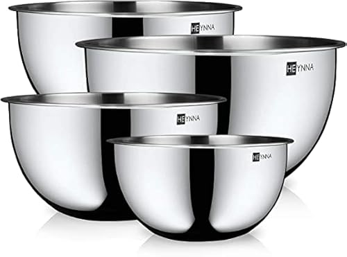 HEYNNA Edelstahl Rührschüssel Set 4-teilig in versch. Größen 2-4,5 L, stapelbar & spülmaschinenfest für Back-, Salat- und Küchenschüsseln von HEYNNA