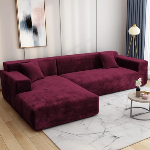 HEYOMART Sofabezug Ecksofa L Form Stretch Plüsch Sofa Überzug Universal Couchbezug Für 1/2/3/4 Sitzer - 1 Sitzer, Weinrot (L Form Ecksofa Erfordert Zwei) von HEYOMART