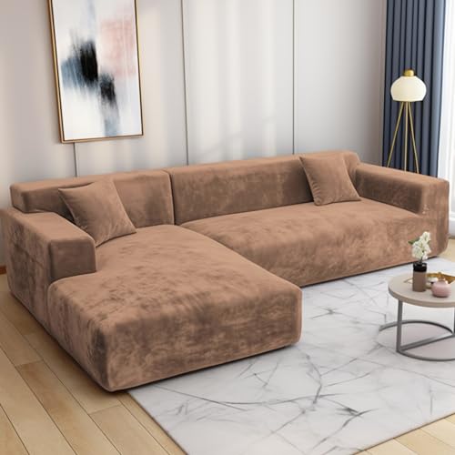 HEYOMART Sofabezug Ecksofa L Form Stretch Plüsch Sofa Überzug Universal Couchbezug Für 1/2/3/4 Sitzer - 2 Sitzer, Kamel (L Form Ecksofa Erfordert Zwei) von HEYOMART