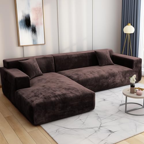 HEYOMART Sofabezug Ecksofa L Form Stretch Plüsch Sofa Überzug Universal Couchbezug Für 1/2/3/4 Sitzer - 3 Sitzer, Braun (L Form Ecksofa Erfordert Zwei) von HEYOMART