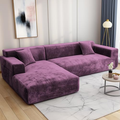 HEYOMART Sofabezug Ecksofa L Form Stretch Plüsch Sofa Überzug Universal Couchbezug Für 1/2/3/4 Sitzer - 3 Sitzer, Lila (L Form Ecksofa Erfordert Zwei) von HEYOMART