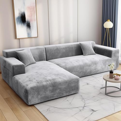 HEYOMART Sofabezug Ecksofa L Form Stretch Plüsch Sofa Überzug Universal Couchbezug Für 1/2/3/4 Sitzer - 4 Sitzer, Grau (L Form Ecksofa Erfordert Zwei) von HEYOMART