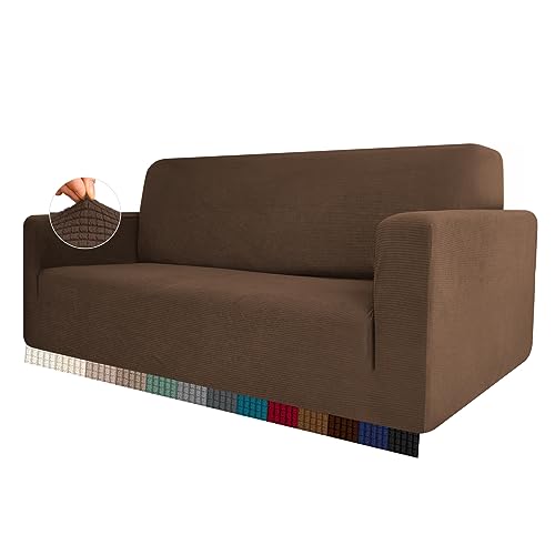 HEYOMART Stretch Sofabezug 1 Stück Sofahusse Spandex Jacquard Elastische Couchbezug mit Anti-Rutsch-Schaumstoffe (L-förmiges Ecksofa erfordert Zwei) - 1 Seater, Braun von HEYOMART