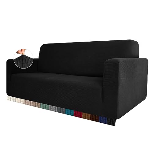 HEYOMART Stretch Sofabezug 1 Stück Sofahusse Spandex Jacquard Elastische Couchbezug mit Anti-Rutsch-Schaumstoffe (L-förmiges Ecksofa erfordert Zwei) - 1 Seater, Schwarz von HEYOMART