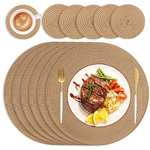 HEYOMART Runde Tischsets Platzsets Abwaschbar 6er Set Tischset Rund mit Untersetzer, 34cm Platzdeckchen Platzset Rund Platzteller Rutschfest Hitzebeständig für Küche Hochzeit Weihnacht -Platzset Braun von HEYOMART