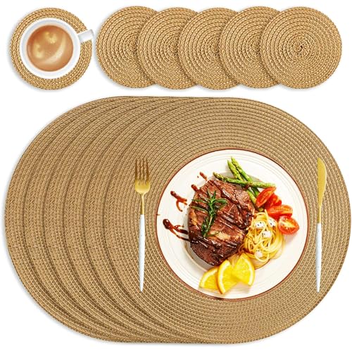 HEYOMART Runde Tischsets Platzsets Abwaschbar 6er Set Tischset Rund mit Untersetzer, 34cm Platzdeckchen Platzset Rund Platzteller rutschfest Hitzebeständig für Küche Hochzeit Weihnacht - Goldbraun von HEYOMART