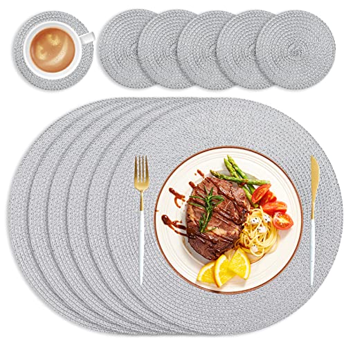 HEYOMART Runde Tischsets Platzsets Abwaschbar 6er Set Tischset Rund mit Untersetzer, 34cm Platzdeckchen Platzset Rund Platzteller rutschfest Hitzebeständig für Küche Hochzeit Weihnacht -Platzset Grau von HEYOMART