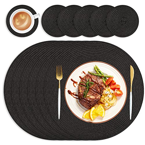 HEYOMART Runde Tischsets Platzsets Abwaschbar 6er Set Tischset Rund mit Untersetzer, 34cm Platzdeckchen Platzset Rund Platzteller rutschfest Hitzebeständig für Küche Hochzeit Party - Platzset Schwarz von HEYOMART