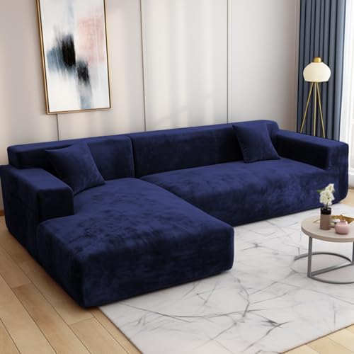 HEYOMART Sofabezug Ecksofa L Form Stretch Plüsch Sofa Überzug Universal Couchbezug Für 1/2/3/4 Sitzer - 1 Sitzer, Blau (L Form Ecksofa Erfordert Zwei) von HEYOMART