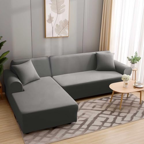 HEYOMART Sofabezug Ecksofa L Form Stretch Sofa Überzug Universal Couchbezug Für 1/2/3/4 Sitzer - 4 Sitzer, Grau (L Form Ecksofa Erfordert Zwei) von HEYOMART