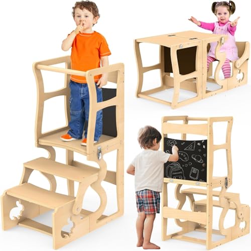 HEYOUTH Lernturm ab 1 Jahr, Hölzerner Klappbarer 3-in-1 Lernturm mit Anti-Kipp-Schutz, Magnetischer Tafel, Bis zu 50kg Belastbar von HEYOUTH