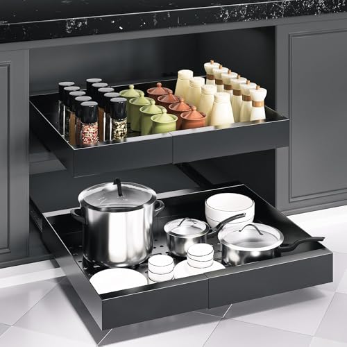 HEYOUTH Teleskopschublade,Ausziehbare Schublade Küche,Ausziehbarer schrank organizer,Pull out drawer,Metall Slide out drawer,Kein Bohren und Nageln Erforderlich (Schwarz, 32-52CM) von HEYOUTH