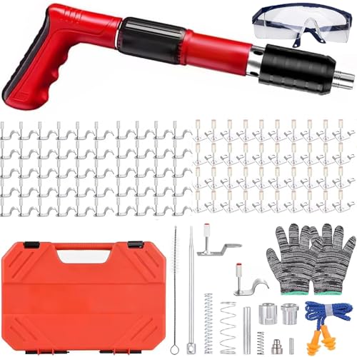 Nagelpistole,Beton Nagelpistole,Tragbare Manuelle Schalldämpfer Wand Nagelpistole,Nail Gun 50 Rohrschellennägel und 50 Hakennägel(7.3mm),5 Gänge Verstellbare,mit Werkzeugsatz für Deckenwandanker(Rot) von HEYOUTH