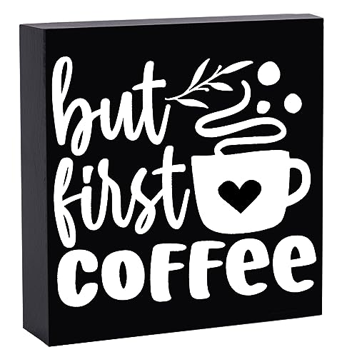 Kaffee-Bar-Dekoration, aber erster Kaffee, Holzkastenschild für rustikale Bauernhaus-Küche, abgestuftes Tablett-Dekor, Barzubehör, Stationsdekorationen von HEYTUYA