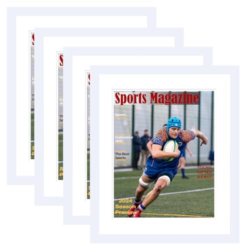 Sport-Magazinrahmen für Zeitschriften, 8,5 x 11,25 oder 8,25 x 11 cm mit 2 Größen Passepartout oder 11 x 14 Bilder ohne Passepartout, Fotorahmen mit bruchfestem Plexiglas zum Aufhängen, Weiß, 4 Stück Sport-Magazinrahmen für Zeitschriften, 8,5 x 11,25 oder 8,25 x 11 cm mit 2 Größen Passepartout oder 11 x 14 Bilder ohne Passepartout, Fotorahmen mit bruchfestem Plexiglas zum Aufhängen, Weiß, 4 Stück von HEYTUYA