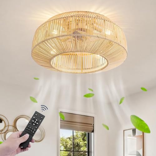 HEYUN Rattan Deckenventilator Mit Beleuchtung Deckenventilator Mit Fernbedienung Und Timer-Funktion Leise Fan Deckenleuchte 6-Gang Reversibler Rattan Deckenlampe Schlafzimmer Lampe Wohnzimmer Küche von HEYUN